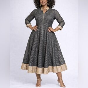 Gold & Charcoal Anarkali Lace Dress Sz L | Metallic Brocade Trim Kurta Gown